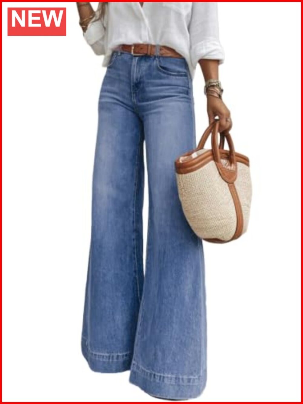 High Waisted Wide Leg Flare Jeans Stretchy Cotton Blend Denim with Pockets